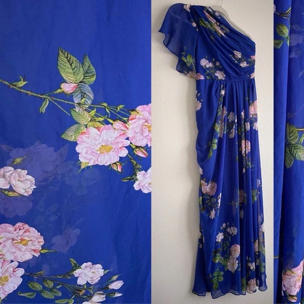 Adrianna Papell Women 0 XS Chiffon Gown Dress Blue Floral Prom Wedding Evening